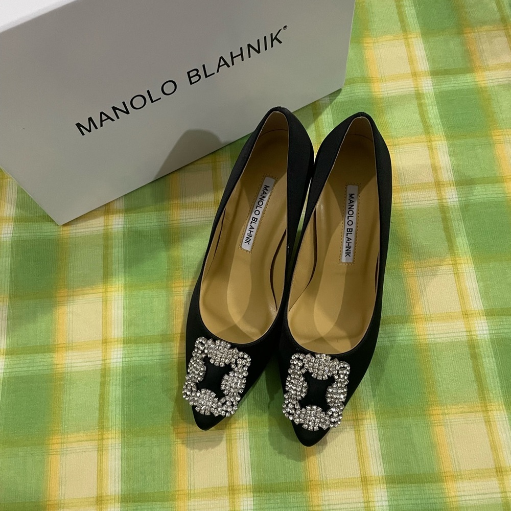 Manolo Blahnik Black Satin Pointed Pumps with Crystal Buckles